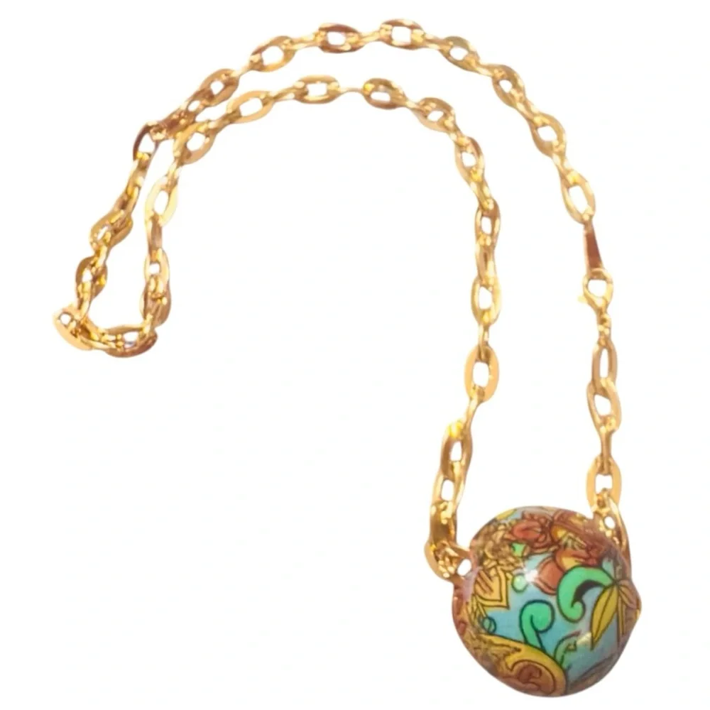 Antique Italian Hand-Painted Venetian Bead Pendant Necklace, 24 GP‎ Chain, 19”